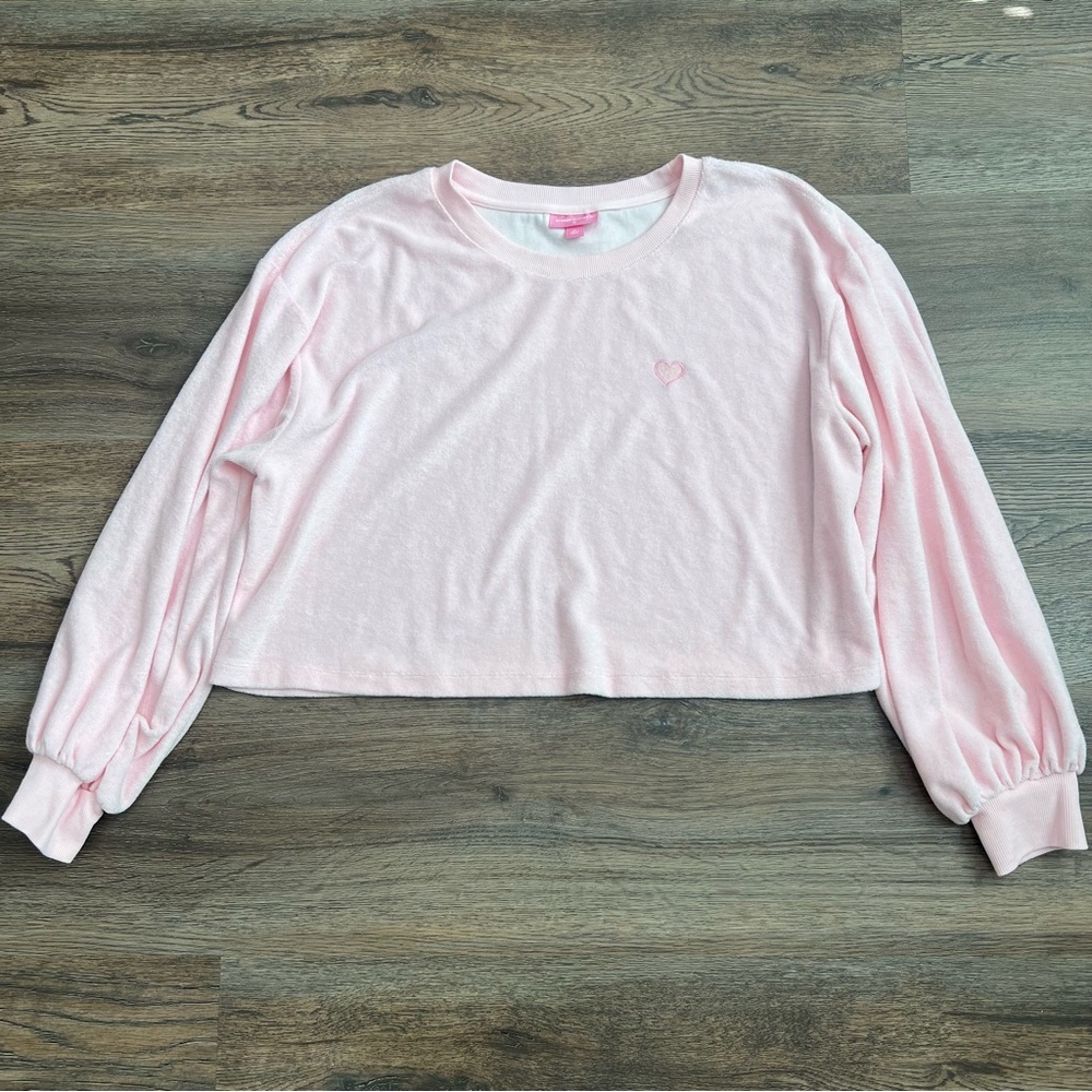 ❄️ Stoney Clover Lane Target Pink Crop Terry Cloth Sweatshirt XL Heart Embroider